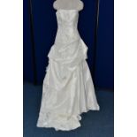 WEDDING GOWN, ivory, strapless, long train, beaded appliques, full skirt, fabric rose detail on