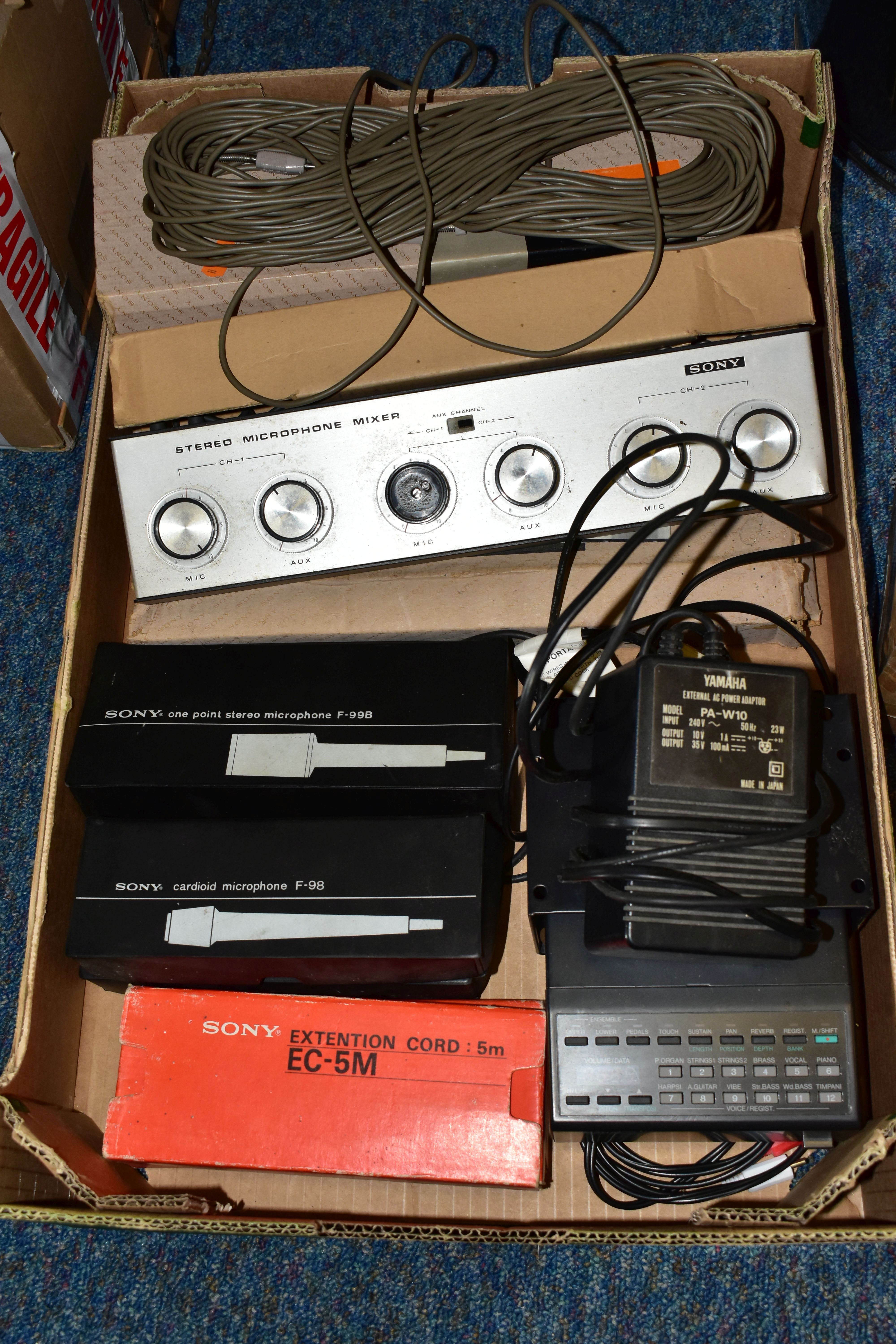 SONY AND YAMAHA MICROPHONES AND ACCESSORIES, comprising two boxed Sony F-98 microphones, boxed