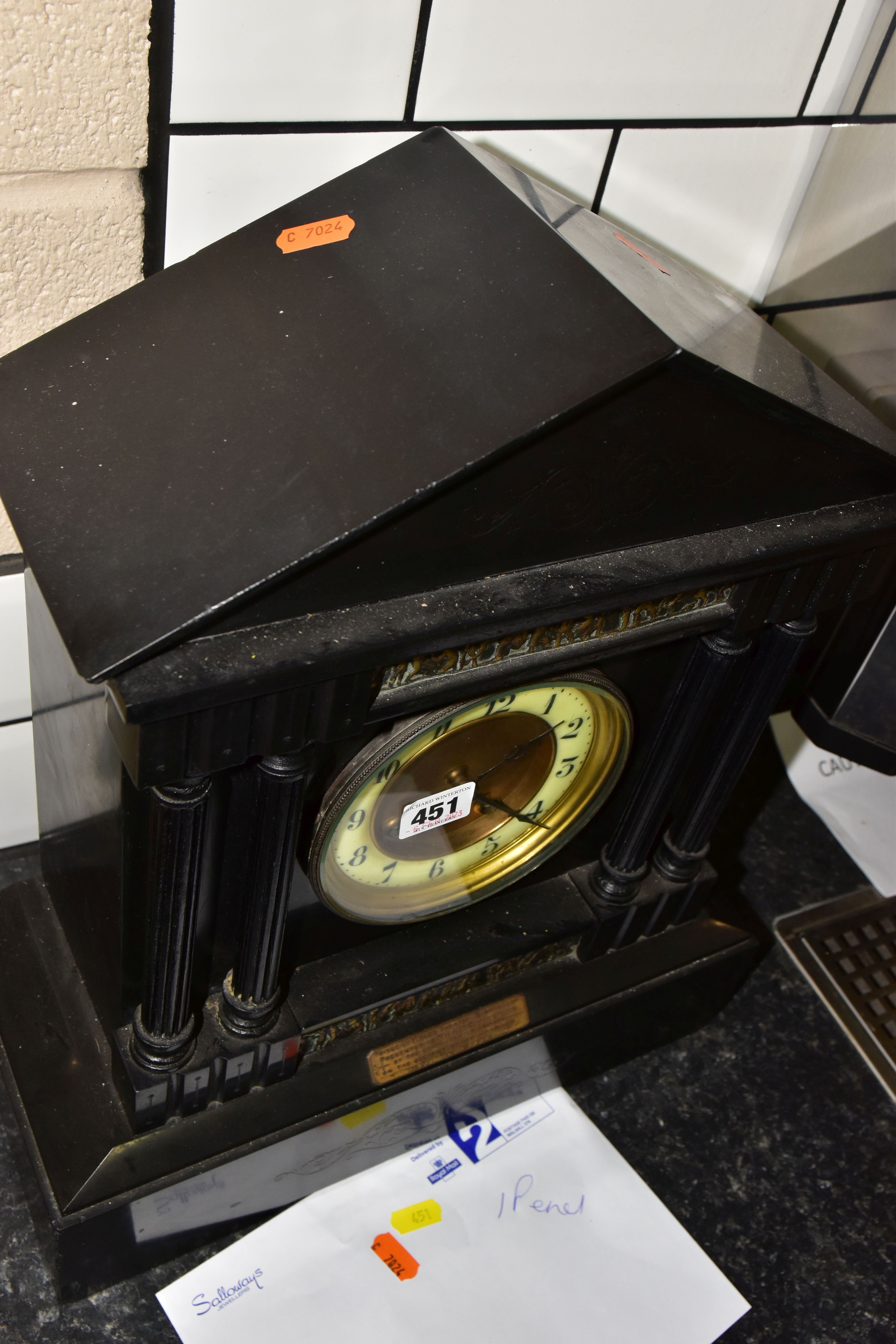 A LATE 19TH CENTURY BLACK SLATE MANTEL CLOCK, Japy Freres movement, bearing inscription 'Prince of - Image 3 of 6