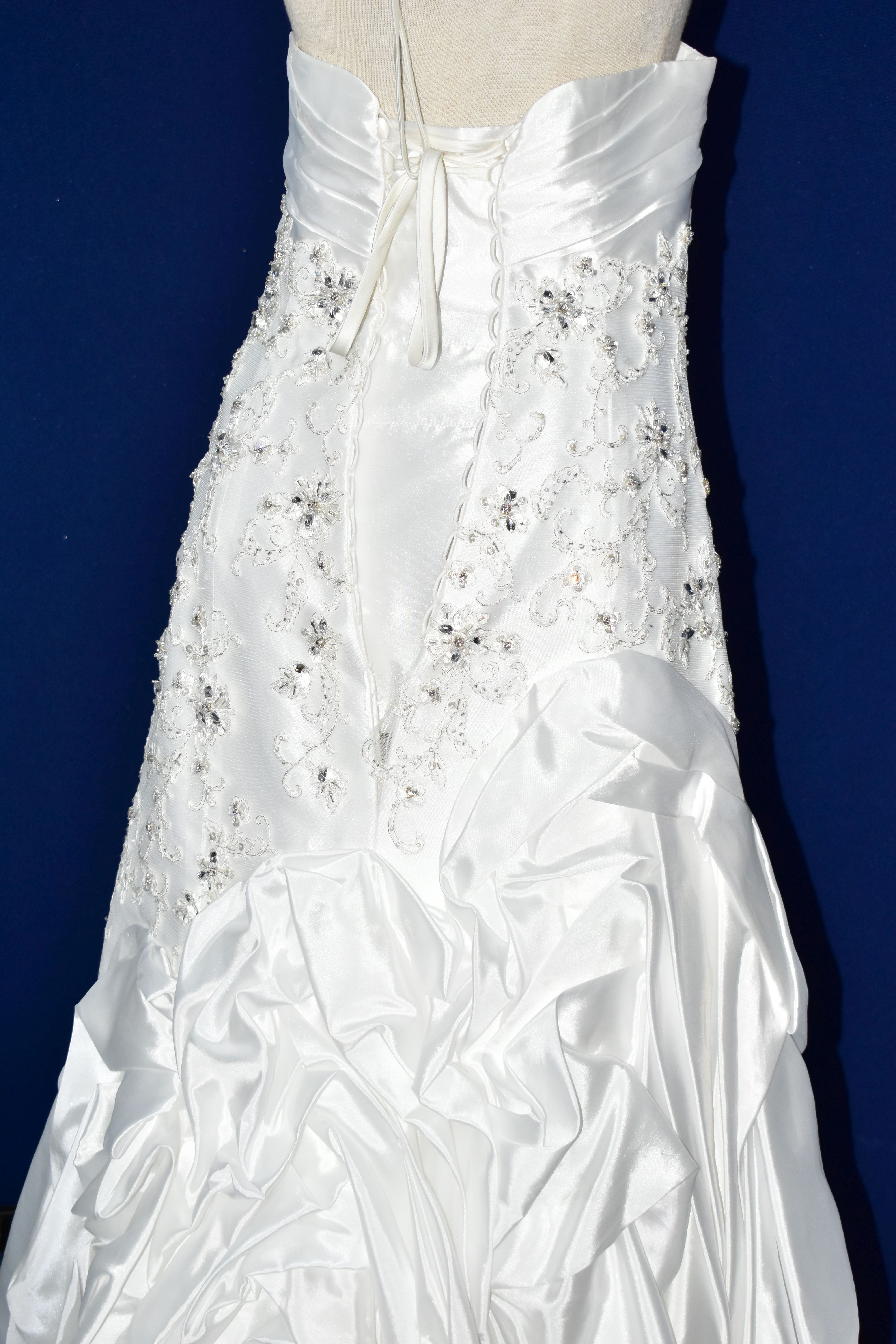 WEDDING GOWN, 'Sophia Tolli' white satin, size 8, strapless, ruched skirt, beaded detail on - Image 14 of 17