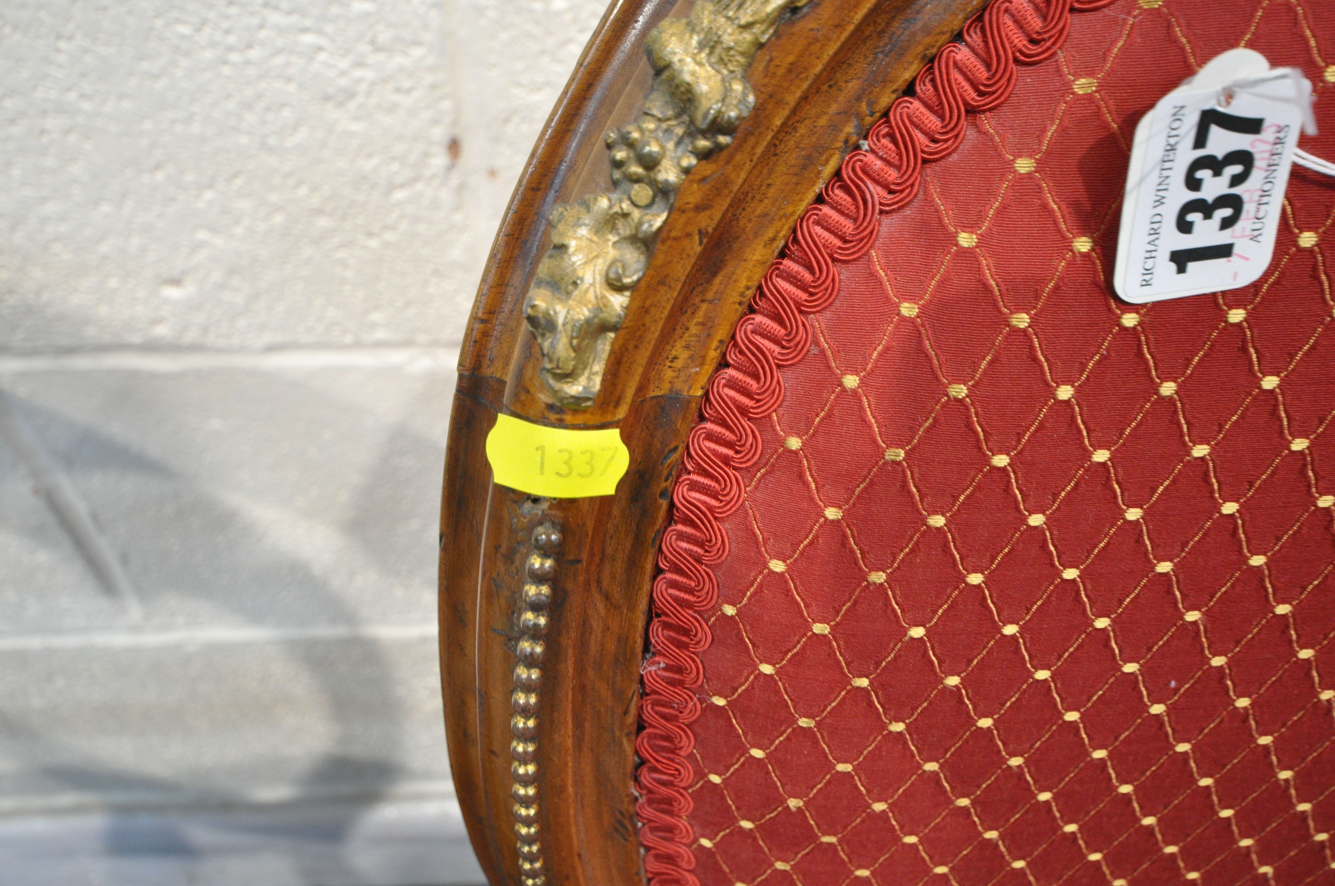 A 19TH CENTURY LOUIS XVI STYLE WALNUT SPOON BACK CHAIRS, with brass mounts, and red fabric, along - Image 3 of 4