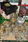 TWO BOXES OF SUNDRY ITEMS ETC, to include a HAC mantle clock in need of attention, brass lamp