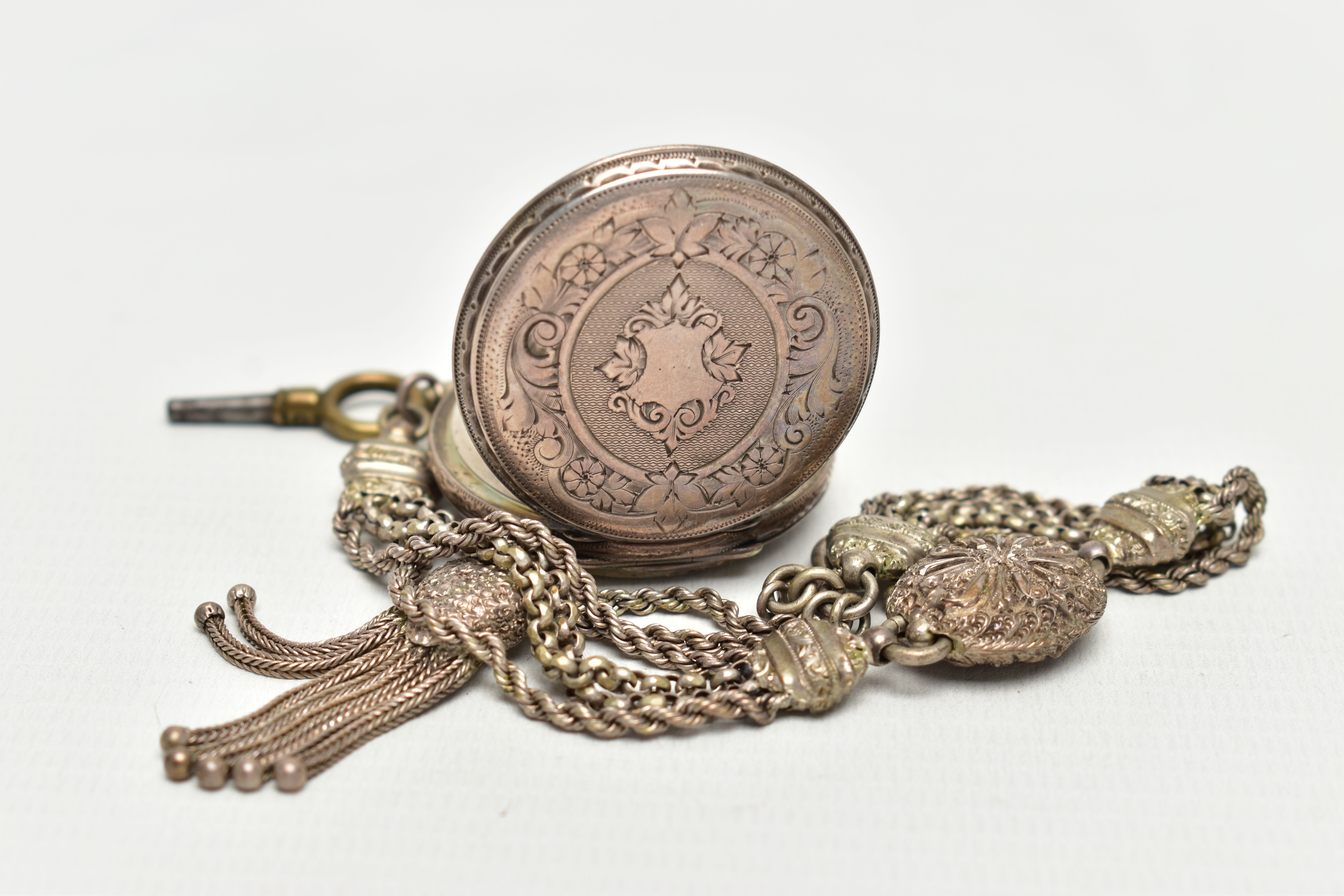 A LADY'S SILVER OPEN FACE POCKET WATCH WITH ALBERTINA, key wound pocket watch, round white dial with - Image 2 of 4