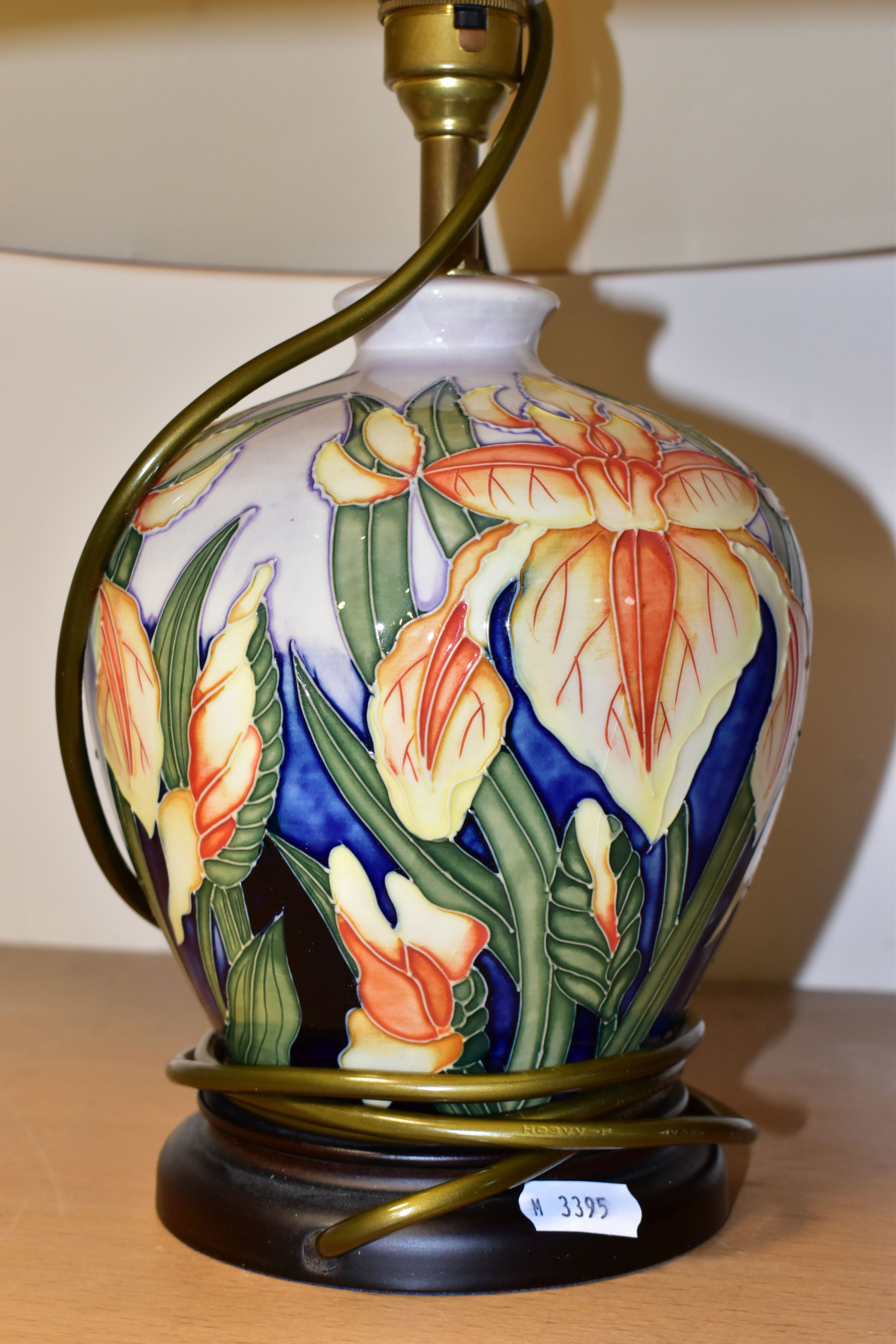 A PAIR OF MOORCROFT POTTERY 'WINDRUSH IRIS' TABLE LAMPS, of baluster form on wooden bases, decorated - Image 2 of 5