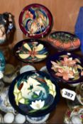 FIVE MOORCROFT PIN DISHES, comprising a 2003 'Plevriana' pattern designed by Moorcroft senior artist