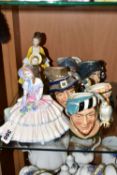 THREE ROYAL DOULTON LADY FIGURES TOGETHER WITH SIX SMALL CHARACTER JUGS, comprising 'Emma'