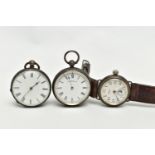 TWO OPEN FACE POCKET WATCHES AND A 'WALTHAM' WRISTWATCH, the first a key wound, silver pocket watch,