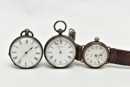 TWO OPEN FACE POCKET WATCHES AND A 'WALTHAM' WRISTWATCH, the first a key wound, silver pocket watch,