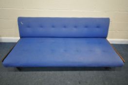 A MID-CENTURY TEAK SOFA BED, covered in blue fabric, (condition:-mechanism works as should,