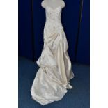 WEDDING GOWN, champagne, size 10/12, satin with beaded appliques, gathered satin skirt (1)