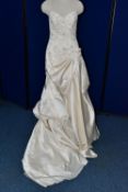 WEDDING GOWN, champagne, size 10/12, satin with beaded appliques, gathered satin skirt (1)
