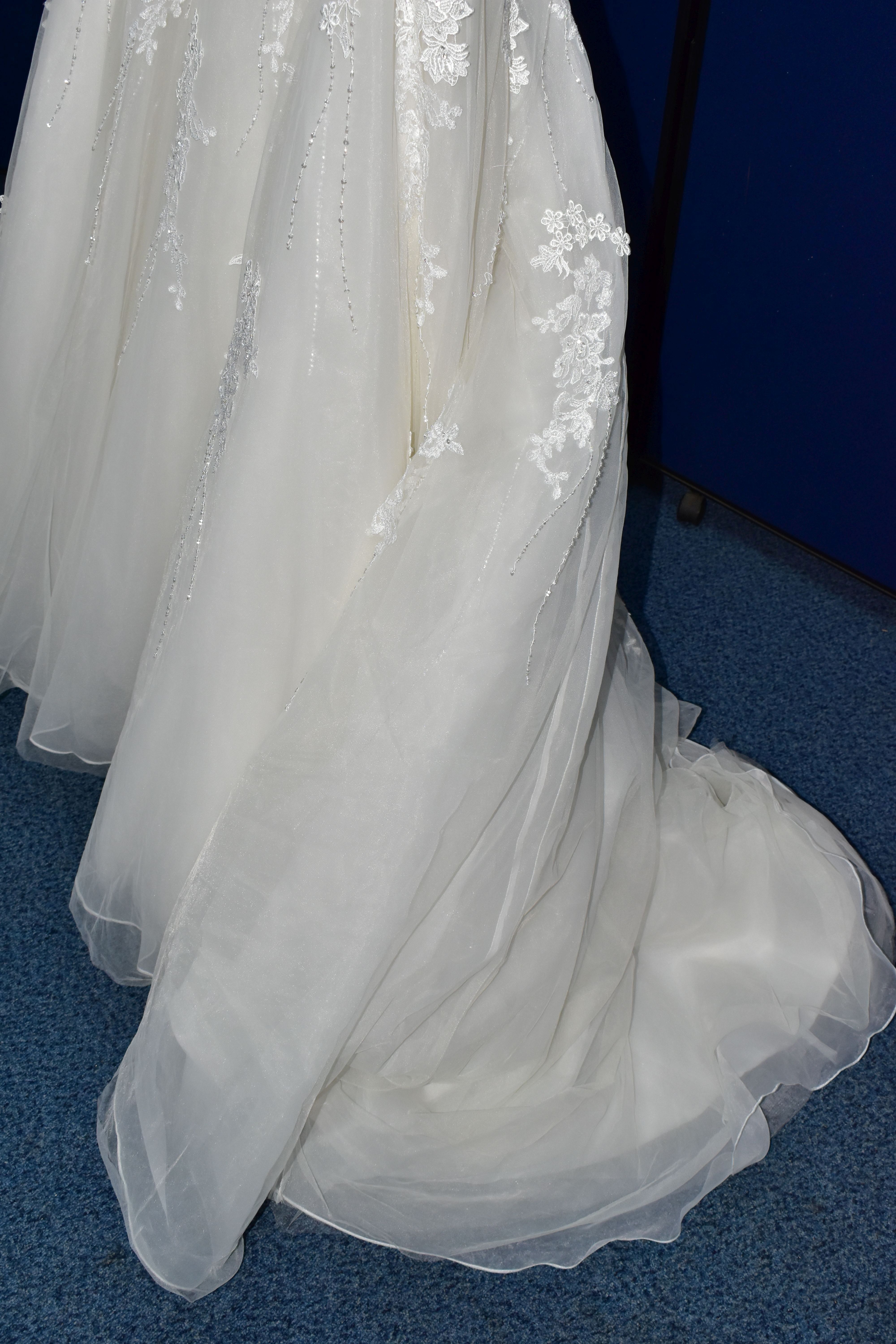 WEDDING DRESS, 'Sophia Tolli' ivory satin and tulle, very long train, off the shoulder, beaded - Image 6 of 12