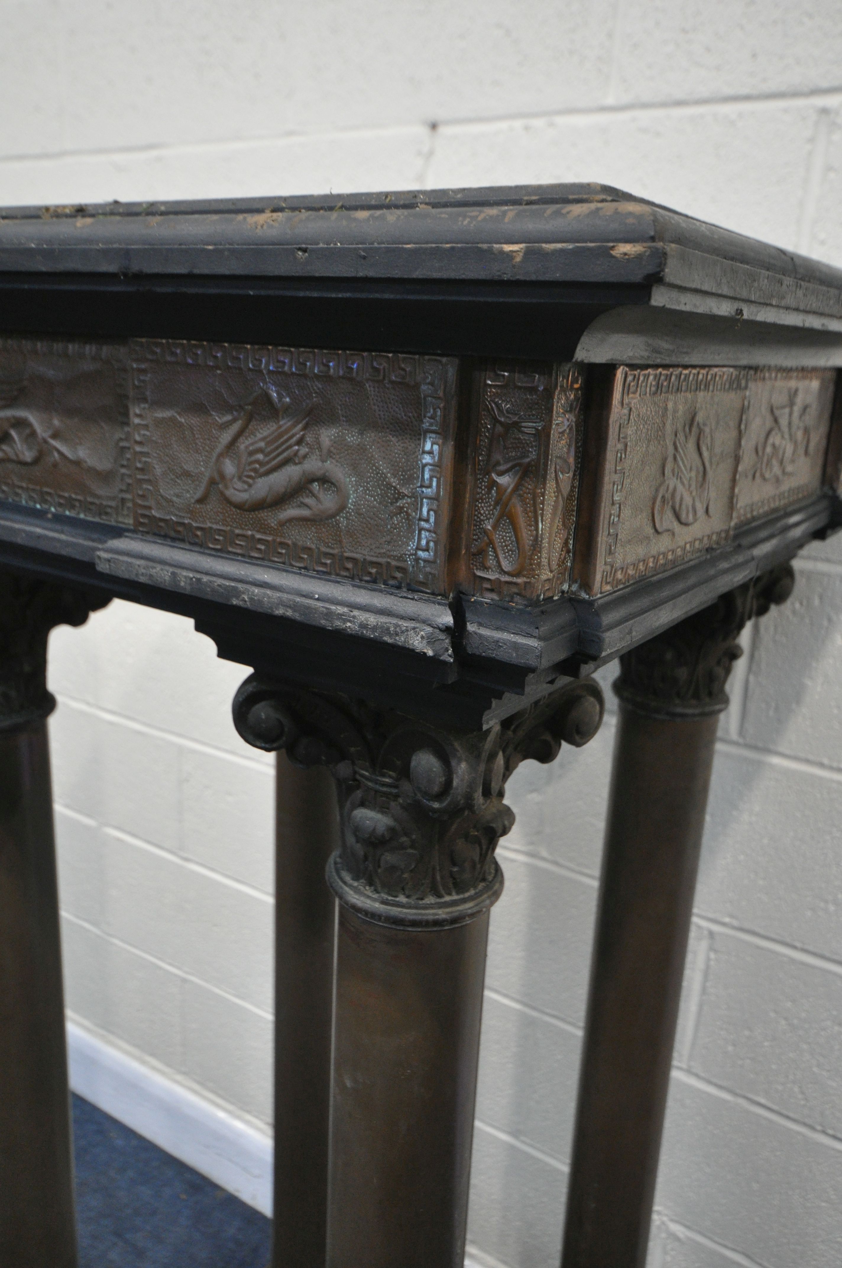 AN 19TH CENTURY FRENCH COLUMN PEDESTAL, with later ebonised wood, embossed brass work panels, on - Image 3 of 8