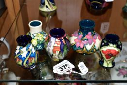 FIVE MINIATURE MODERN MOORCROFT VASES, comprising a 2007 'Lodge Hill' design, 2008 'Lord of Leith