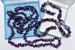 TWO LARGE STATEMENT AMETHYST BEAD NECKLACES, the first a double row of irregular amethyst beads,