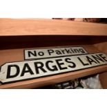 A CAST METAL STREET NAME SIGN, 'Darges Lane', possibly from Great Wyrley, white background with