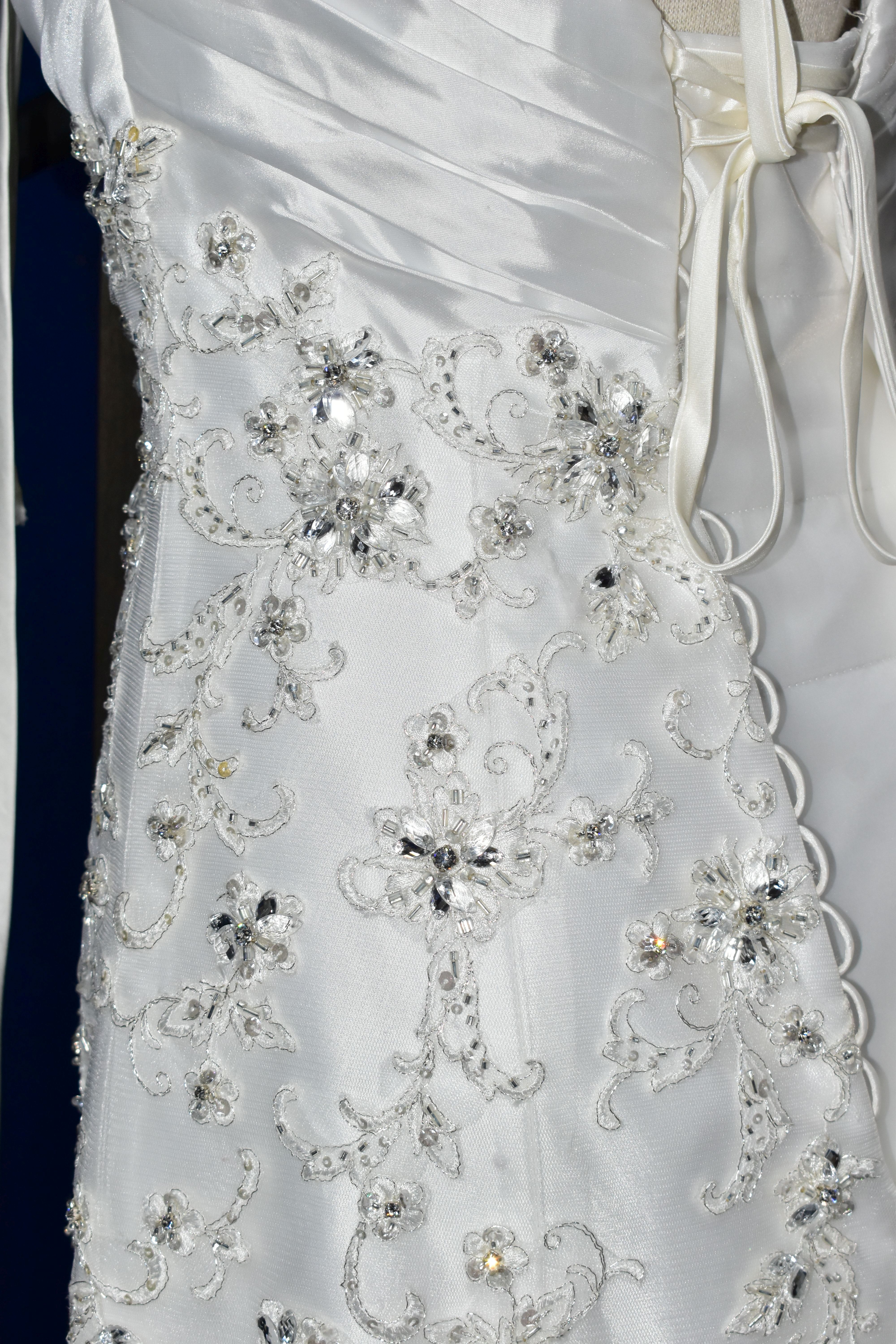 WEDDING GOWN, 'Sophia Tolli' white satin, size 8, strapless, ruched skirt, beaded detail on - Image 16 of 17