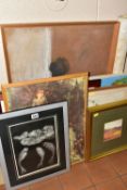 A SMALL COLLECTION OF PICTURES AND PRINTS, comprising an unsigned and unframed oil on canvas