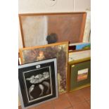 A SMALL COLLECTION OF PICTURES AND PRINTS, comprising an unsigned and unframed oil on canvas