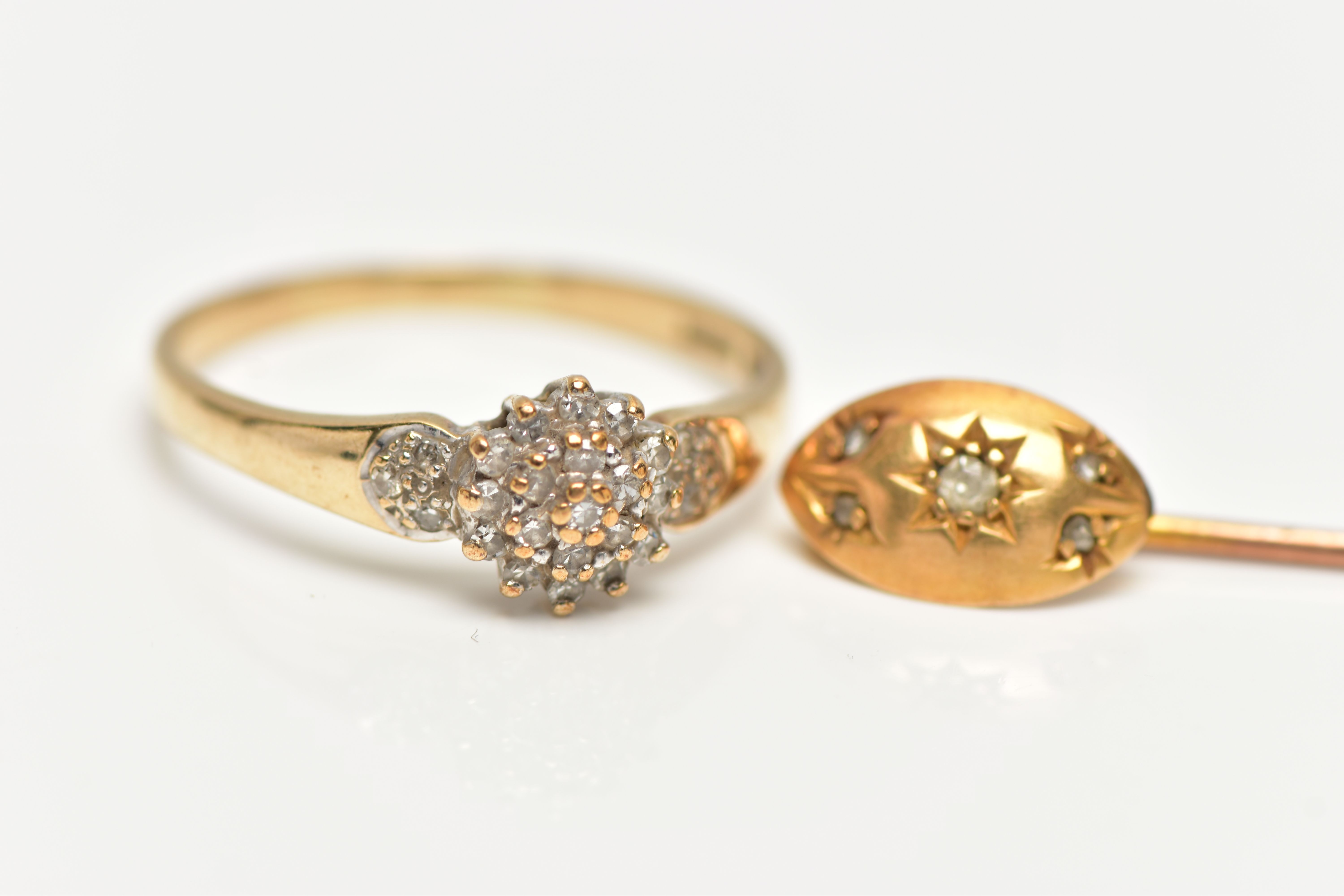 A 9CT GOLD DIAMOND CLUSTER RING AND A DIAMOND STICK PIN, slightly tiered round cluster, set with - Image 2 of 5