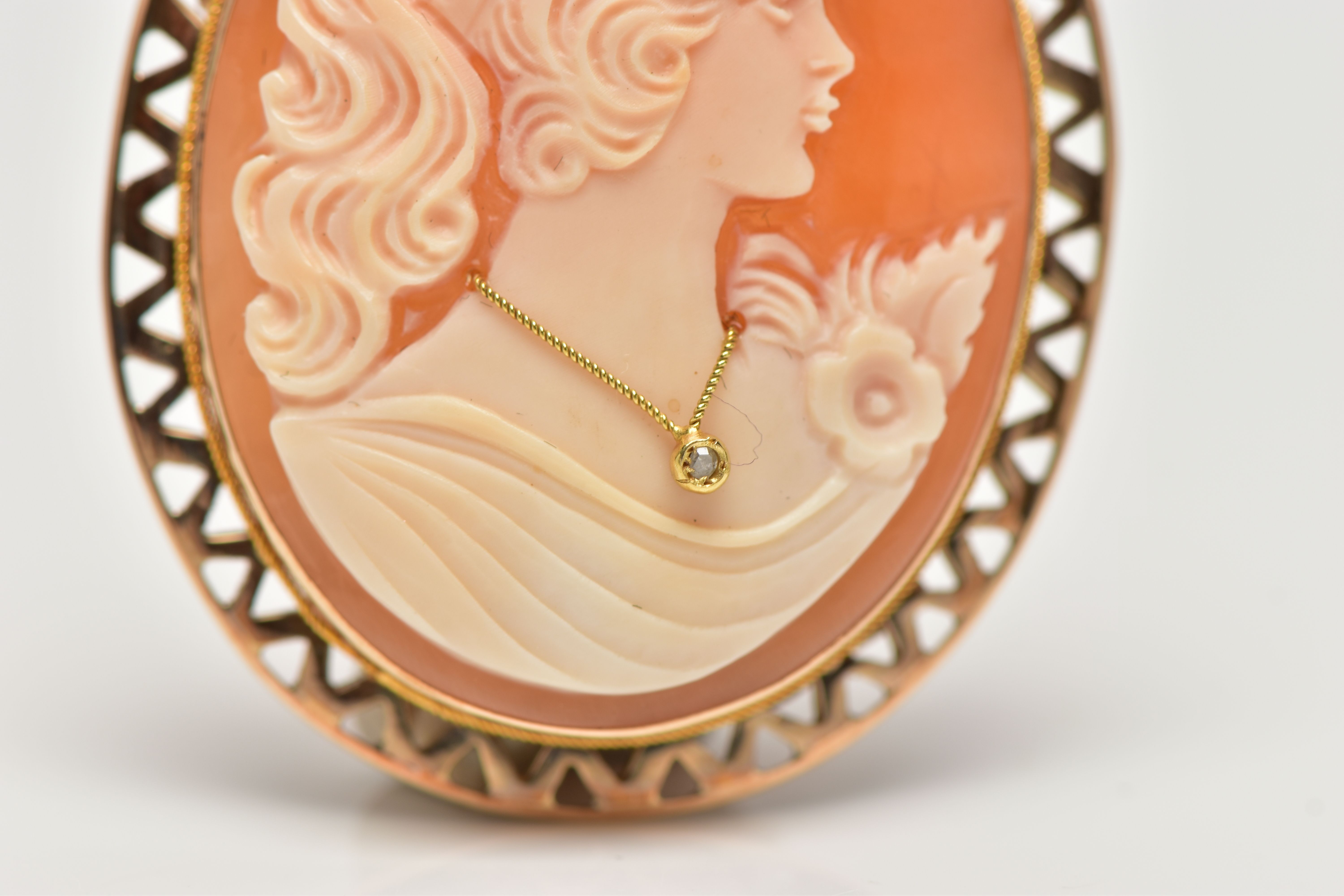 A 9CT GOLD HABILLE CAMEO BROOCH, carved oval shell cameo, depicting a lady in profile, dressed - Image 4 of 6