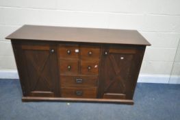 A HARDWOOD SIDEBOARD, with three central drawers, width 148cm x depth 51cm x height 87cm (