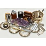 A BOX OF ASSORTED ITEMS, to include a sample of an amethyst geode, a quartz and banded agate geode