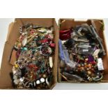 TWO BOXES OF COSTUME JEWELLERY, to include beaded necklaces, bracelets, brooches, rings, bangles,