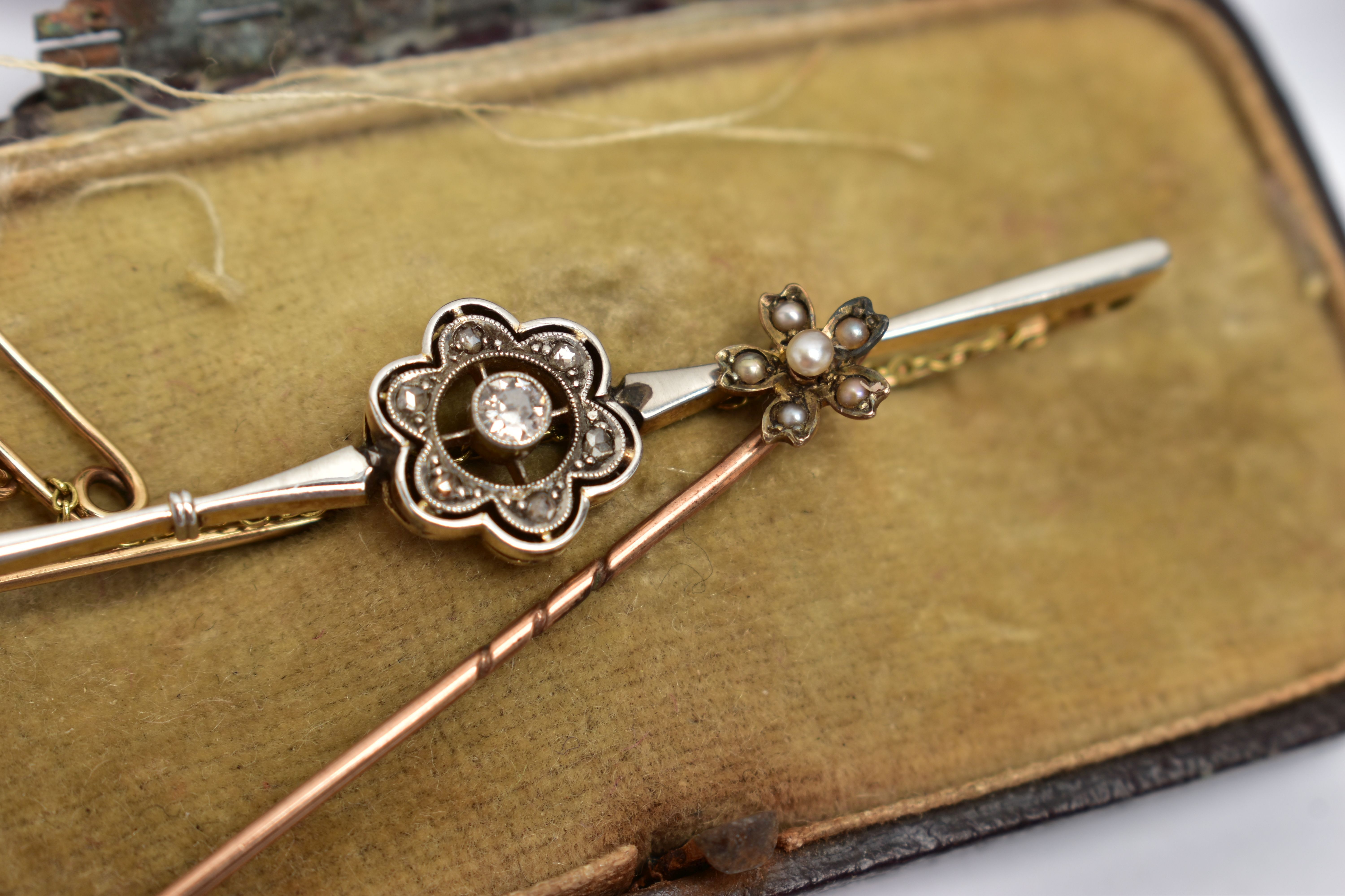 AN EARLY 20TH CENTRURY BAR BROOCH AND STICK PIN, the first a central old cut diamond in a milgrain - Image 3 of 3