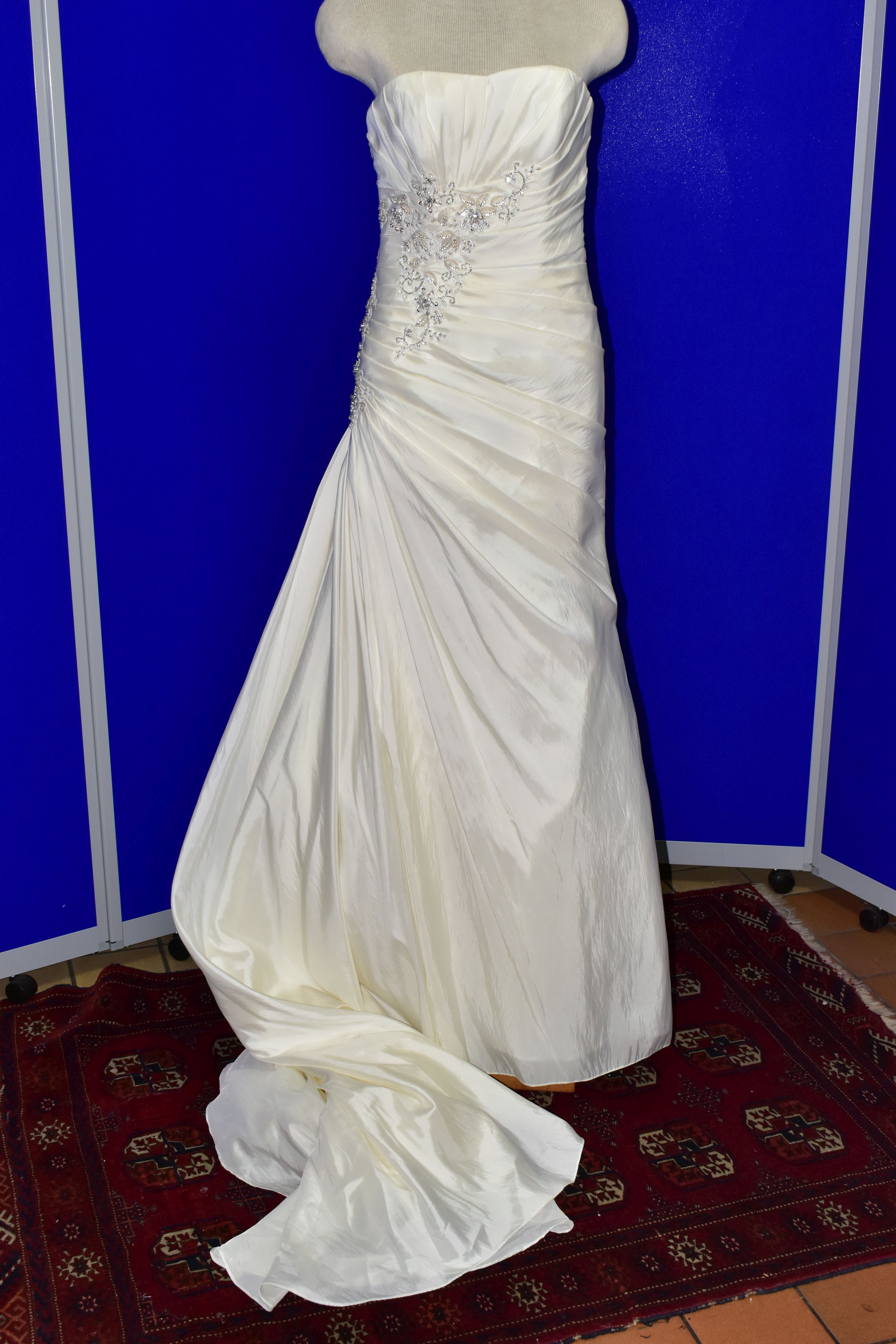 WEDDING DRESS, end of season stock clearance (may have slight marks) Ivory satin pleated, size 8,