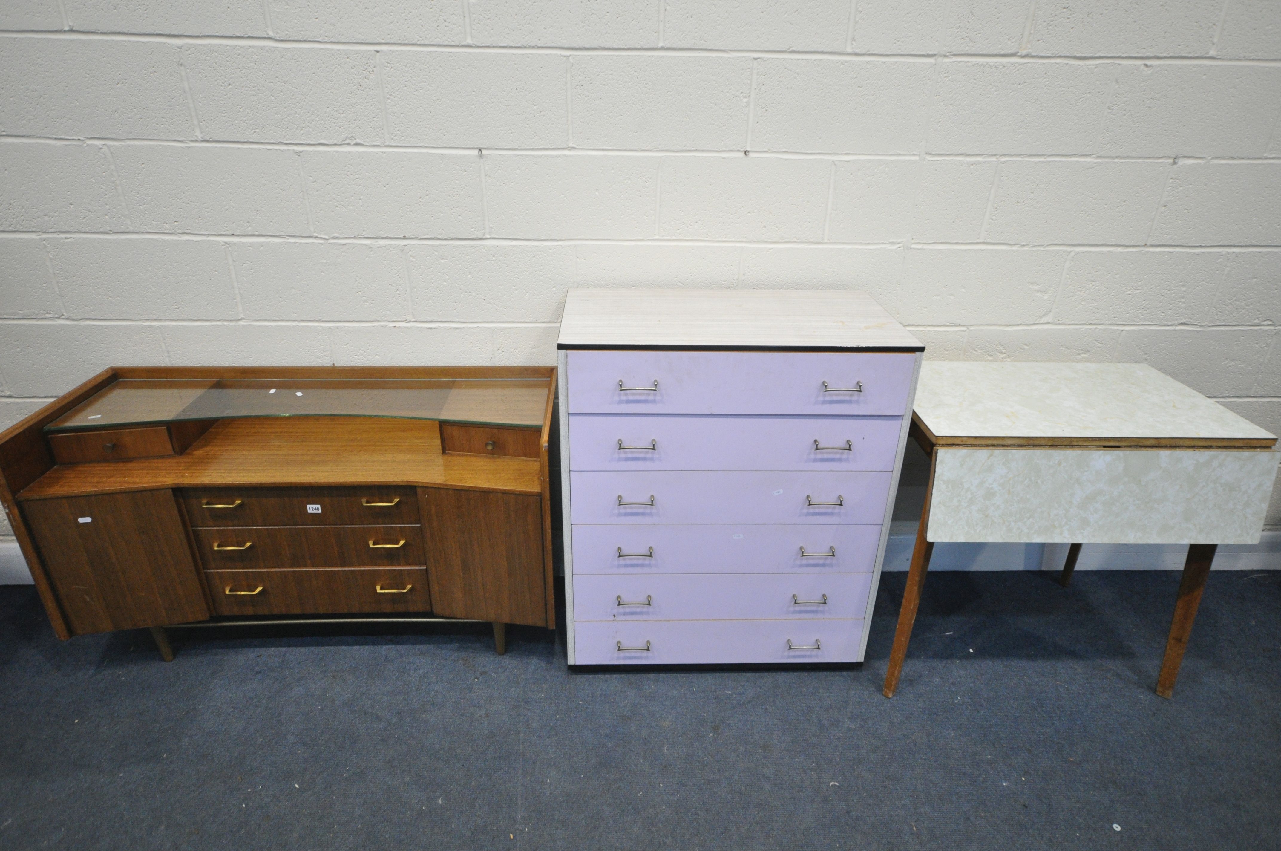 A MID CENTURY LEBUS AFROMOSIA TEAK SIDEBOARD, with a glass shelf, width 122cm x depth 48cm x