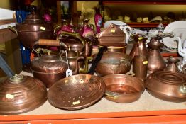A QUANTITY OF COPPER WARES ETC, to include a copper and brass samovar, approximate height 34cm,