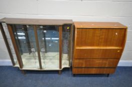 A WALNUT EFFECT DISPLAY CABINET, with two doors, width 107cm x depth 30cm x 102cm, and a fall