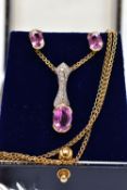 A PINK SAPPHIRE AND DIAMOND PENDANT NECKLACE AND A PAIR PINK SAPPHIRE EARRINGS, the pendant designed