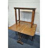 A VICTORIAN MAHOGANY SUTHERLAND TABLE, with turned legs and stretchers, on brass casters, open width