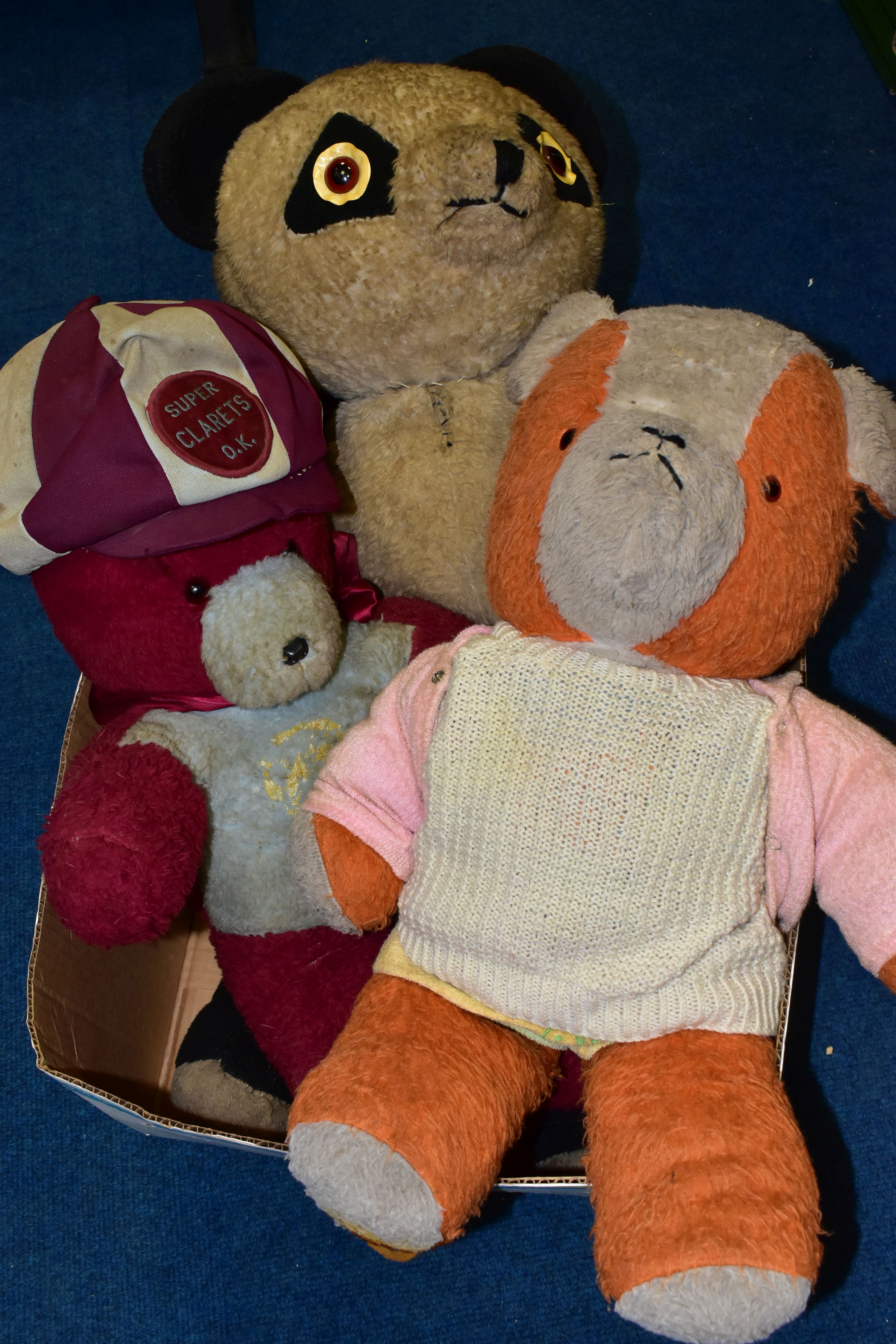 TWO BOXES OF SOFT TOYS, to include two chimpanzee examples, a Smurf, a West Ham United bear, panda - Image 2 of 4