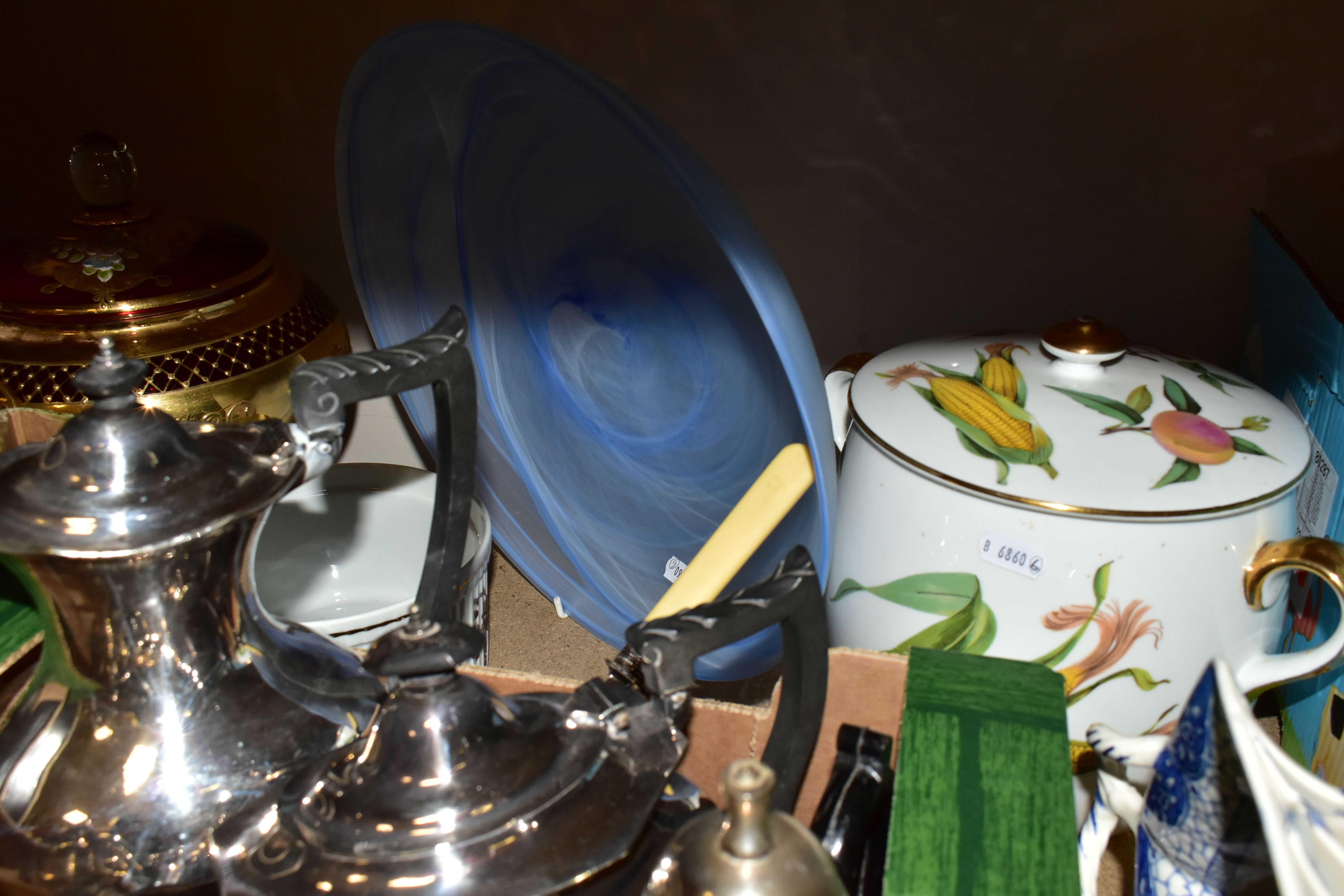 TWO BOXES OF CERAMICS AND A SILVERPLATE TEA SET, to include a blue and white Adams 'Landscape' - Image 5 of 5
