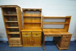 A SELECTION OF PINE FURNITURE, to include a desk with four assorted drawers, a dresser, a corner