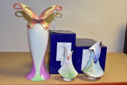THREE FRANZ PORCELAIN VASES, comprising a boxed 'Blue Butterfly' vase FZO 1422 designed by Jen