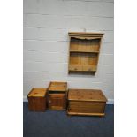 A MODERN PINE BLANKET CHEST, width 80cm x depth 39cm x height 45cm, a single door cabinet, a hanging