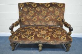 A 19TH CENTURY FRENCH EMPIRE REVIVAL STYLE ROSEWOOD AND PARCEL GILT SOFA, the scrolled open
