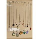 ASSORTED GEM SET PENDANTS AND NECKLACES, to include five large gem set pendants set in white