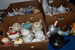 THREE BOXES OF COLLECTABLE AND NOVELTY TEAPOTS, to include over twenty assorted teapots, a Price