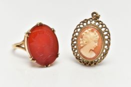 A 9CT GOLD, INTAGLIO RING AND A CAMEO PENDANT, the oval intaglio carnelian, double six claw set to
