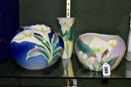 THREE PIECES OF FRANZ PORCELAIN, in Calla Lily pattern, comprising a blue globular vase XP1887,