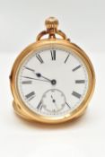 AN EDWARDIAN 18CT GOLD OPEN FACE POCKET WATCH, the white face with black Roman numeral markers and