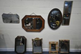 A SELECTION OF MIRRORS, to include three early to mid 20th century oak framed wall mirrors, a