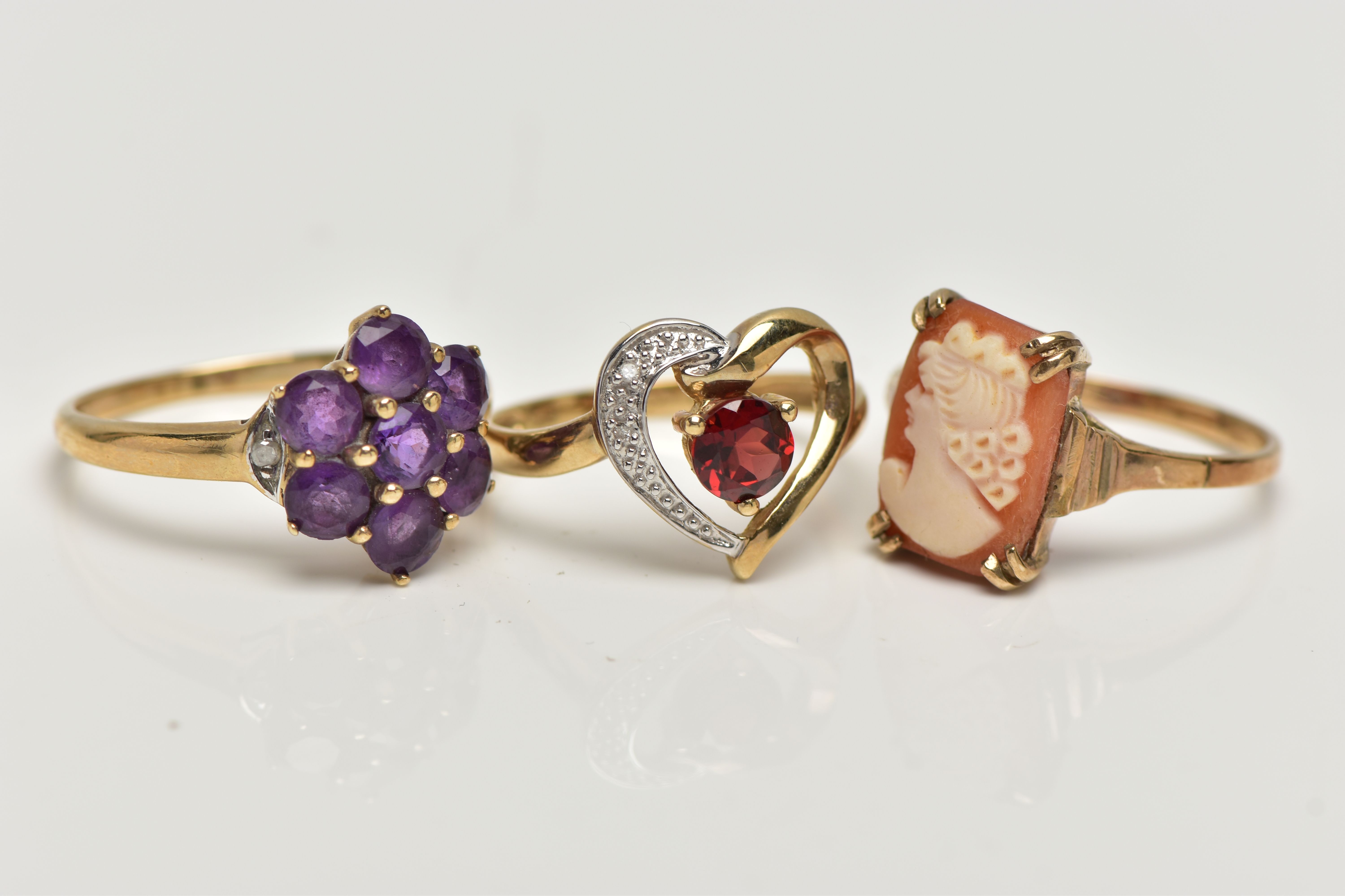 THREE 9CT GOLD GEM SET RINGS, the first a garnet and single cut diamond, openwork heart ring, - Image 2 of 4