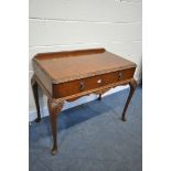 A QUEEN ANNE STYLE WALNUT SIDE TABLE, with two drawers, on cabriole legs, width 108cm x depth 98cm x