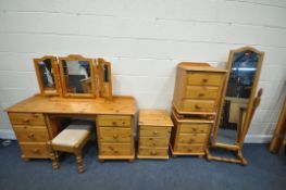 A SELECTON OF PINE FURNITURE, to include a dressing table, with six drawers, length 140cm x depth